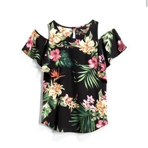 Fortune + Ivy Cold Shoulder Blouse Tropical Floral Print Vacation Top Pullover